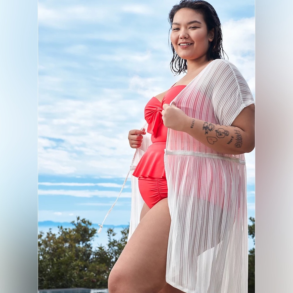 WHITE LUREX STRIPE KAFTAN SWIM COVER UP